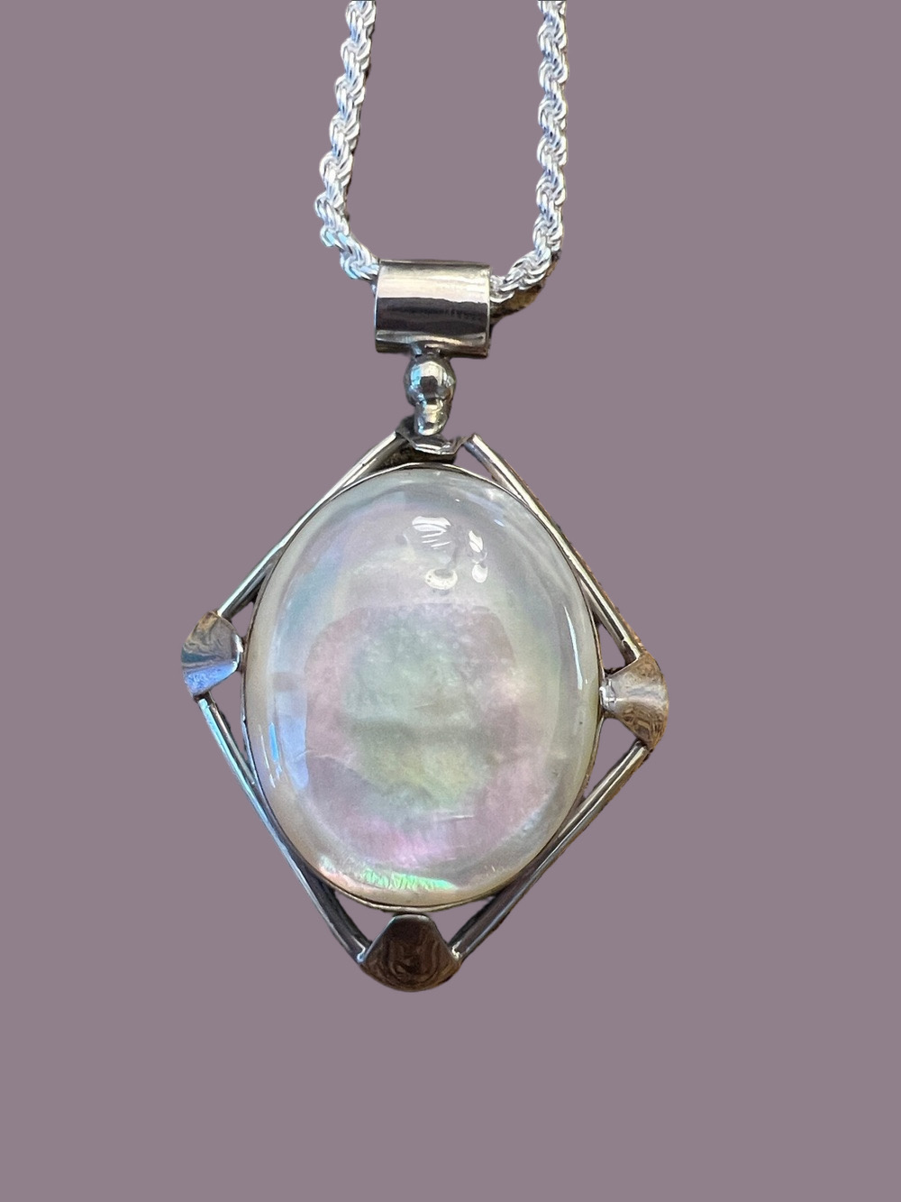 Sterling Silver Iridescent Mother-of-Pearl Pendant Necklace - White - Picture 1 of 7